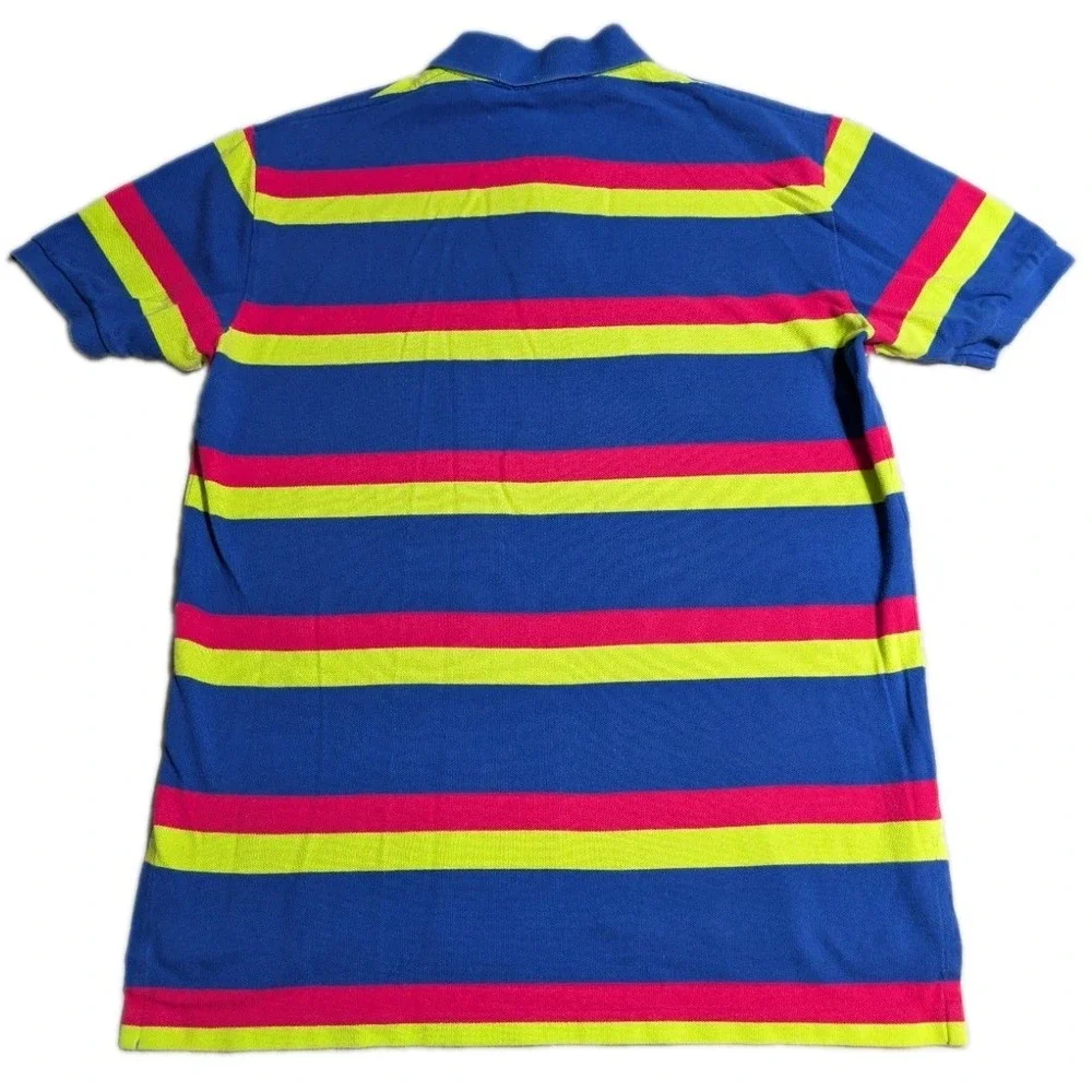 Polo Ralph Lauren Mens L Blue Neon Stripe Polo Shirt Pink Yellow Short Sleeve